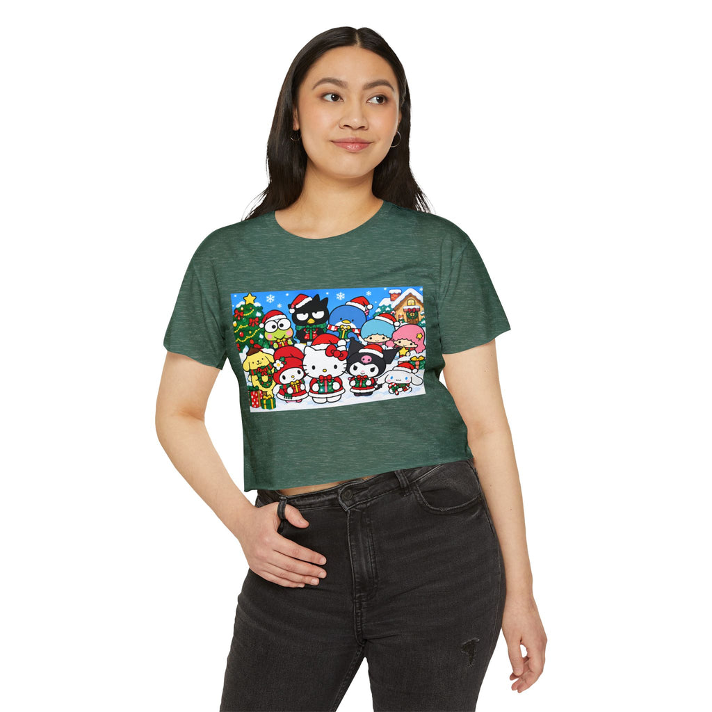 Thread Tumblrz Women's Hello Kitty Christmas Holiday Graphic Crop T-Shirt
