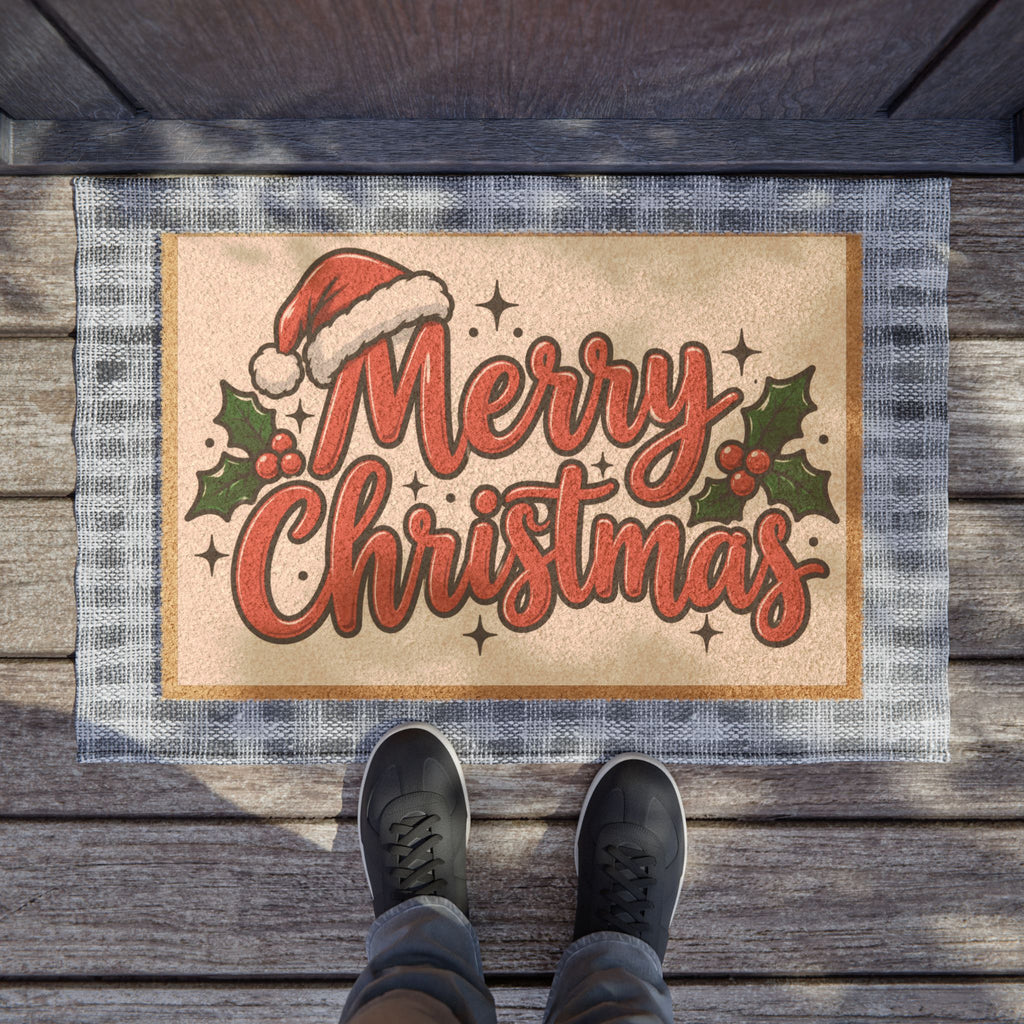 Merry Christmas Doormat – Festive Holiday Coir Welcome Mat with Santa Hat & Holly