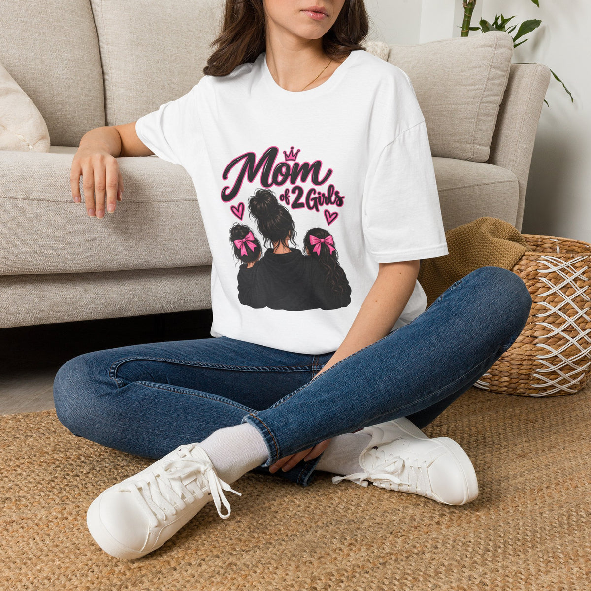 Thread Tumblrz Women's Mom of 2 Girls Proud Mommy Graphic T-Shirt with Daughter Silhouettes